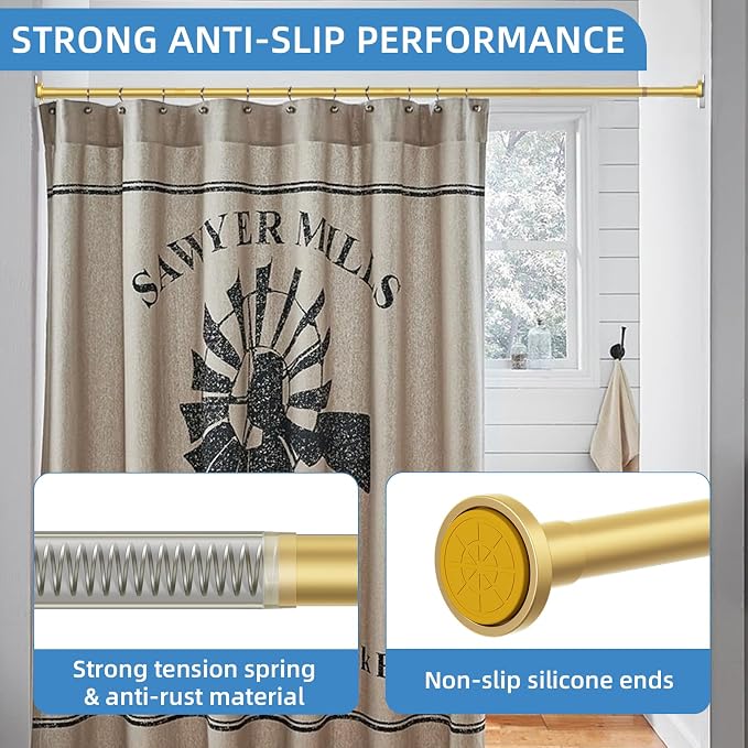 CorkLatta Gold Shower Curtain Rod,1 Inch Diameter Stainless Steel Adjustable Spring Tension Rods 32 to 80",with Holders,Anti-Slip,Curtain Rods No Drilling(1 Pack)