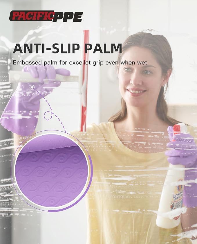 PACIFIC PPE 4 Pairs Reusable Dishwashing Cleaning Gloves with Latex Free, Cotton Lining, Kitchen Gloves, Purple, Large