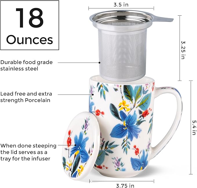 AmorArc Porcelain Tea Mug with Infuser and Lids, 18 Oz Coffee Cup Strainer with Bag Holder for Loose Leaf Tea, Steeping Coffee Mug for House-warming Wedding Birthday Gift