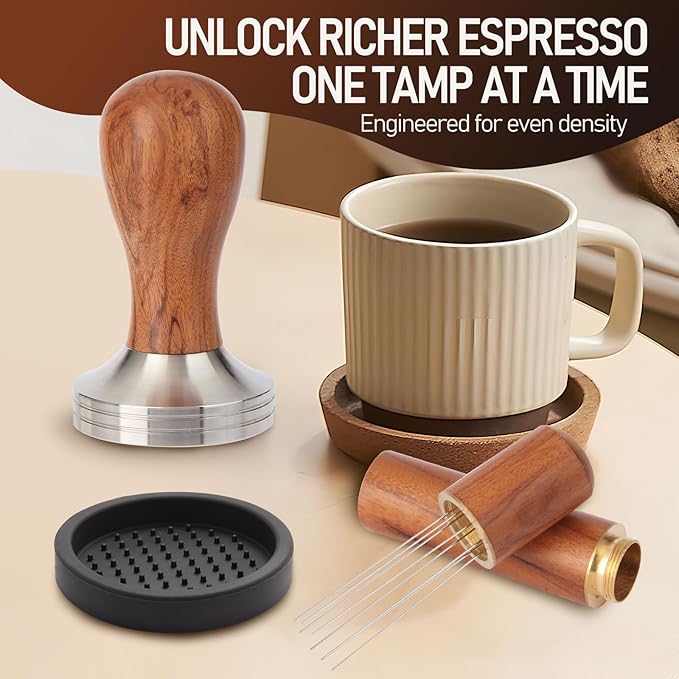 58mm Espresso Tamper Kit, Hard Wood Espresso Tamper Tool & Powder Press Pad & 8-Needles Espresso Stirrers For 58 mm Portafilter