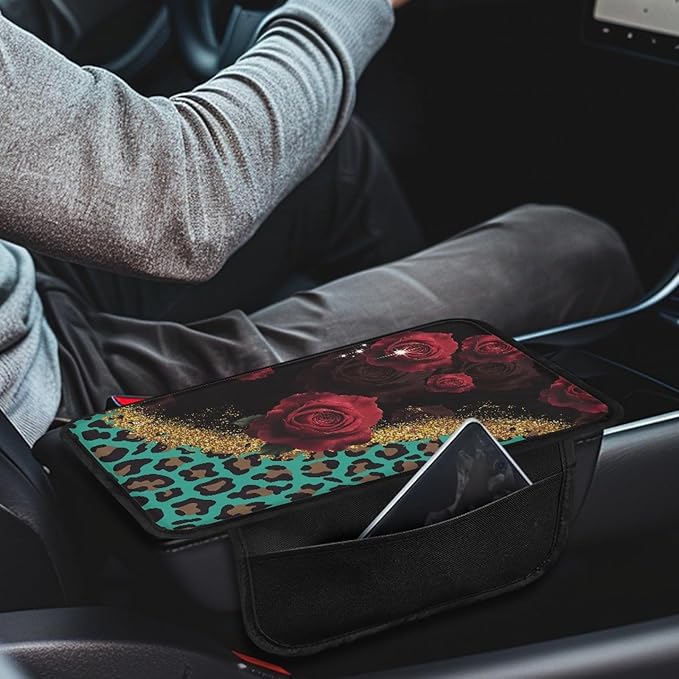 CLOHOMIN Red Rose Car Center Console Cover Green Leopard Print Armrest Box Cover Center Console Pad Fit for Most Vehicles Auto Accessories Anti-Scratch Arm Rest Covers