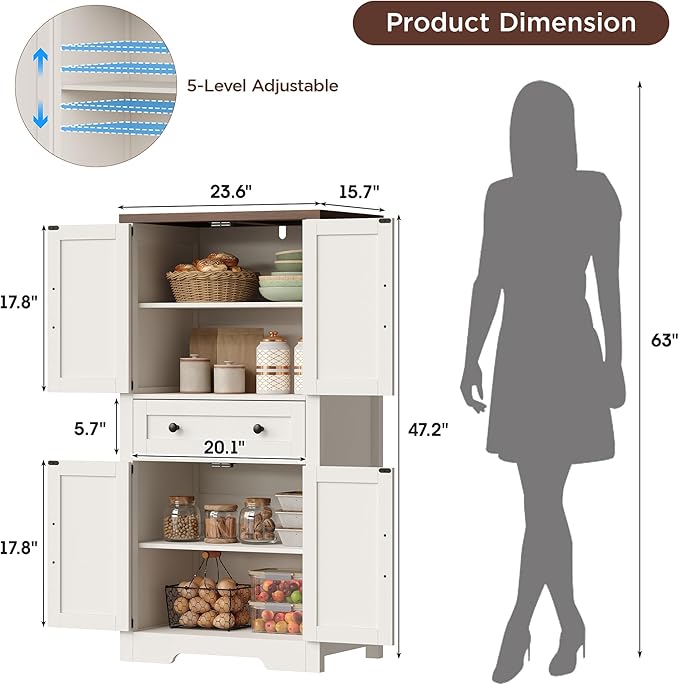 47" Tall Kitchen Pantry Storage Cabinet with Barn Doors and Shelves, White Farmhouse Linen Storage Cabinet With Drawers, Free standing Food Pantry Cabinets for Kitchen, Dining Room, Living Room