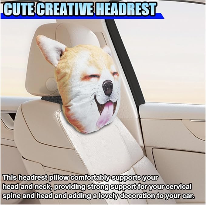 Cute Shiba Inu Dog Car Headrest Pillow- Memory Foam Car Neck Pillow Auto Seat Cushion of Headrests for Pain Pressure Relief- Cartoon Neck Support Cushion with Adjustable Strap for Most Cars(Shiba Inu)
