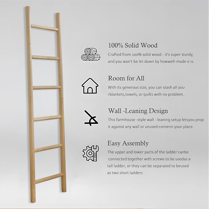 Wooden Blanket Ladder - 76in Natural & Motley Wood - Leaning Wall Decor for Bedroom, Bathroom, Living Room - Rustic Quilt Holder & Towel Rack (Light Wood Color, 76in | Pre Assembled)