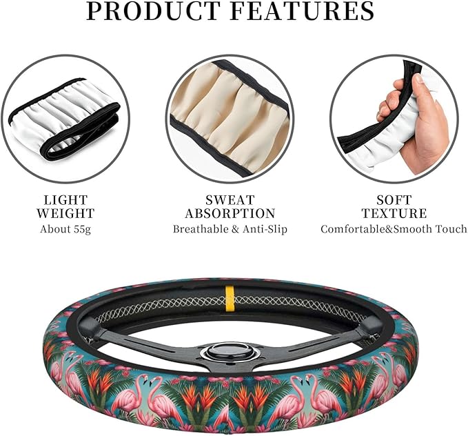Flamingos Flower Palm Car Steering Wheel Cover, 15 Inch Steering Wheel Cover Stylish Decor for Most Cars