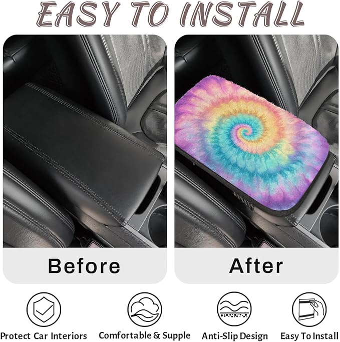 Pink Purple Tie Dye Center Console Cover Pad Car Spiral Blue Orange Armrest Box Mat Truck Comfort Memory Foam Arm Rest Cushion Car Accessories Universal Fit 13x8 Inch