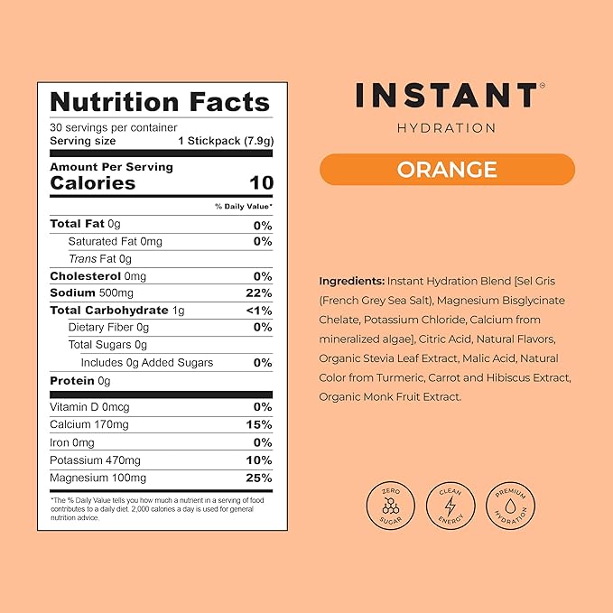 Instant Hydration Electrolytes Powder Packets - Citrus Orange Drink Mix - Zero Sugar - Keto, Vegan, Gluten-Free, Non-GMO - Boost Recovery, Brain Health, Muscle & Tissue Support- 30 Sticks