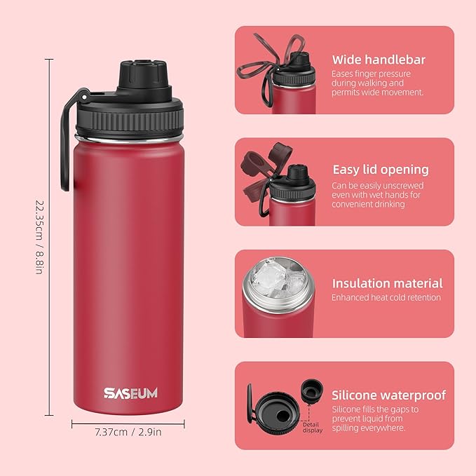 SASEUM Sport Water Bottle 18oz Stainless Steel Double Wall Vacuum Thermal Mug with Leak Proof Spout Lids, Wide Mouth Metal Insulated Water Jug for Gym and Travel（Red）