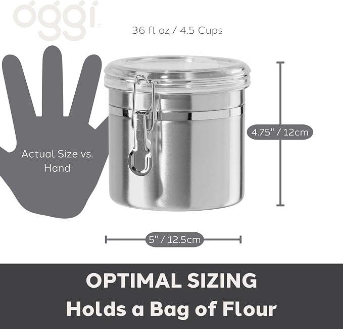 Oggi 36-Ounce Stainless Steel Canister with Clear Acrylic Lid and Locking Clamp