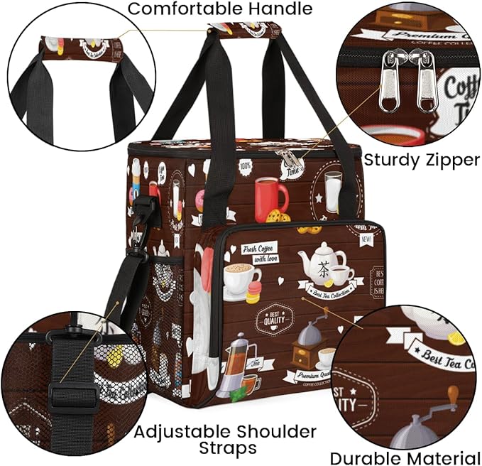 Coffee Culture Maker Carring Bag Cafe Travel Carrying Storage Tote Compatible with Keurig K-Mini or Plus Portable Single Serve Brewer Case Pockets for K-cup Pods