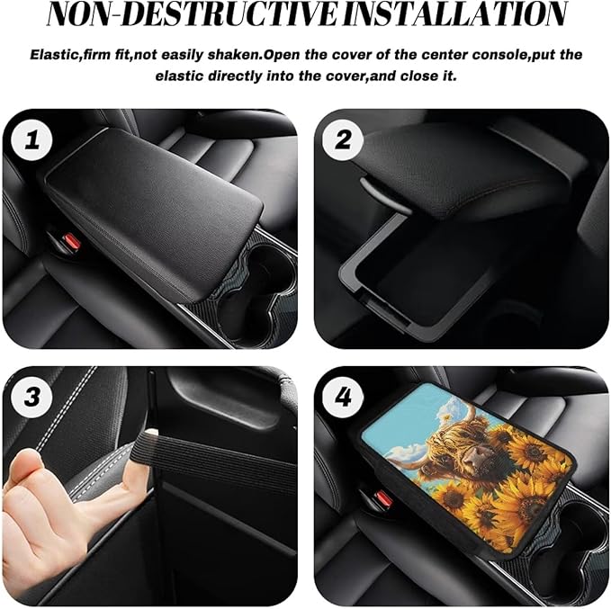 Boatee Highland Cattle Sunflower Arm Rest Cover for Car Center Console Organizer for Auto Armrest Pad Universal Console Mat Automotive Accessories Interior Set Stylish Armrest Storage Box Mat Blue