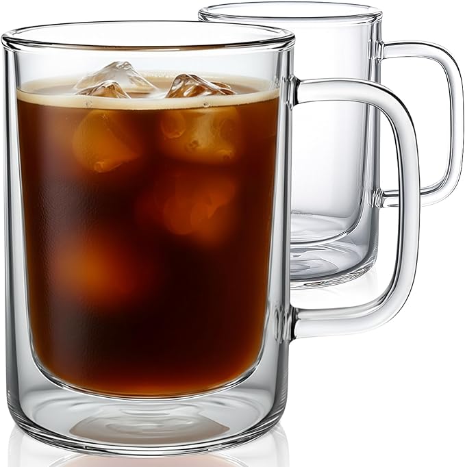 Aquach 12 oz Double Walled Glass Coffee Mugs with Handle, 2-Pack - Ideal for Latte, Cappuccino and Tea