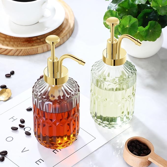 Glass Coffee Syrup Dispenser 13.5oz, Syrup Bottles with Luxurious Diamond Texture, Gold Syrup Pump, Coffee Bar Accessories, Kitchen Decoration (2)