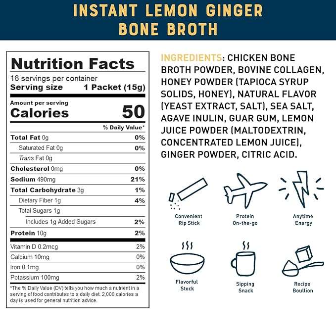 Bare Bones Lemon Ginger Bone Broth Instant Powdered Mix Packets | 5g Collagen | 10g Protein | Keto & Paleo Friendly | No Artificial Flavors | Rich Savory on-the-go 16 Pack