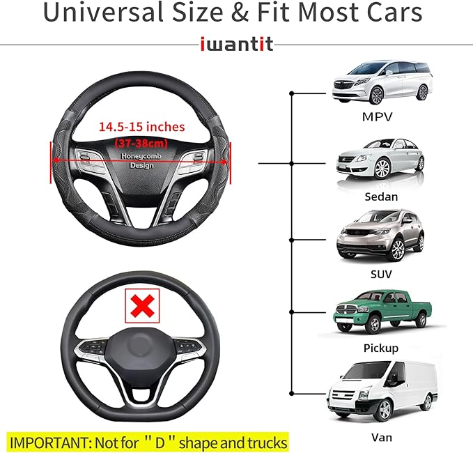 Iwantit® Car Steering Wheel Covers with 3D Silicone Honeycomb for Men,Anti-Slip Design and Breathable Fabric,Universal Fit 14.5-15 Inches (Full Black)