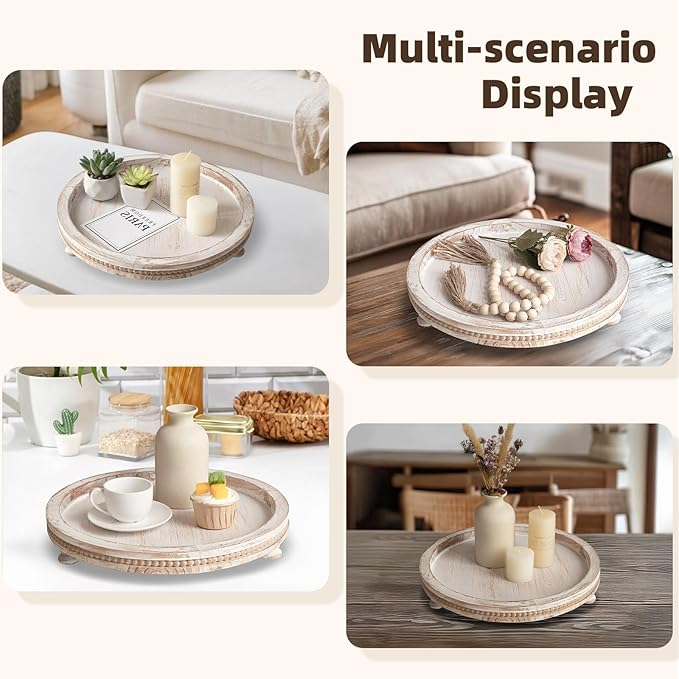 2 Piece Whitewashed Wooden Serving Tray Set with Beaded Design, Farmhouse Centerpiece Table Decorations, Round Coffee Table Tray for Living Room Home Decor, Ottoman Tray Decor for Rustic Styles