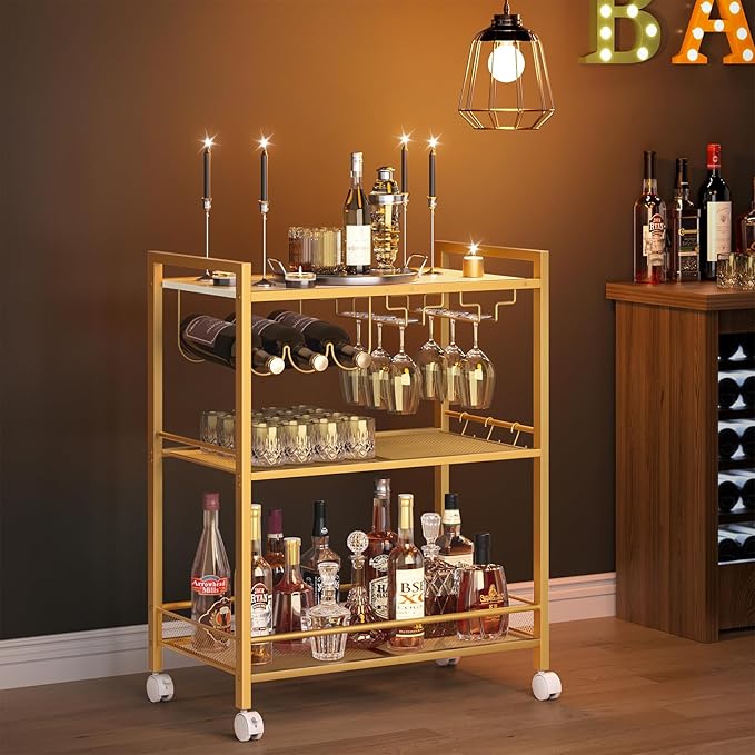 Bar Cart, Home Bar Serving Cart with 3-Tier Shelf,Microwave Cart with Lockable Wheels,Mobile Kitchen Shelf,Rolling Beverage Cart with Wine Rack and Glass Holder for Kitchen,Dinning Room,Gold