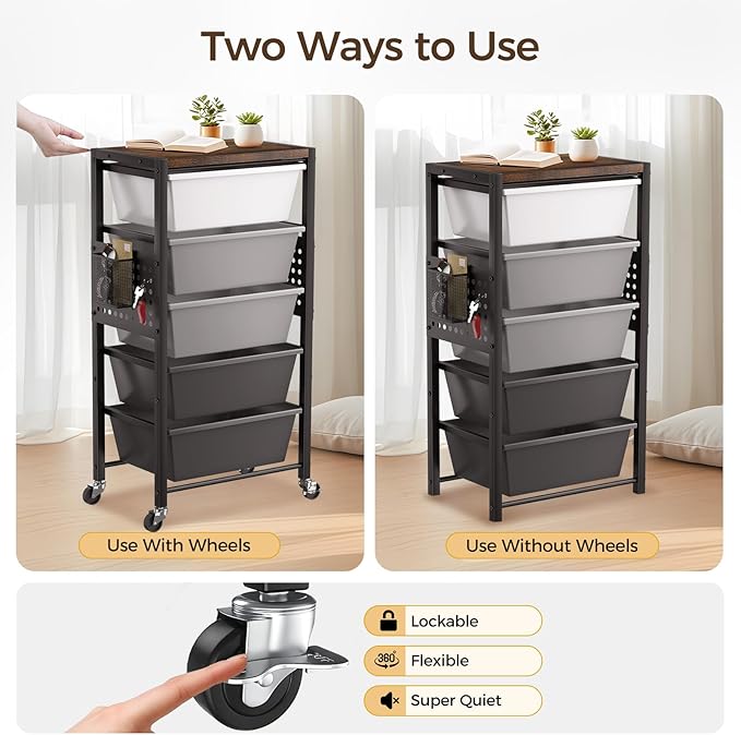Rolling Cart with 5 Drawers, Plastic Drawer Storage Carts with Wheels & Wooden Tabletop, Metal Utility Cart with Pegboards, Office Living Room Classroom Craft Organization and Storage, Dark Grey
