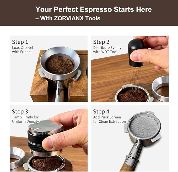 51mm Espresso Accessories Kit Fits Delonghi 51mm Espresso Machines and Portafilters, Espresso Tamper Kit with Dual Head Tamper & Distributor, WDT Tool, Dosing Funnel, Puck Screen, Filter Papers