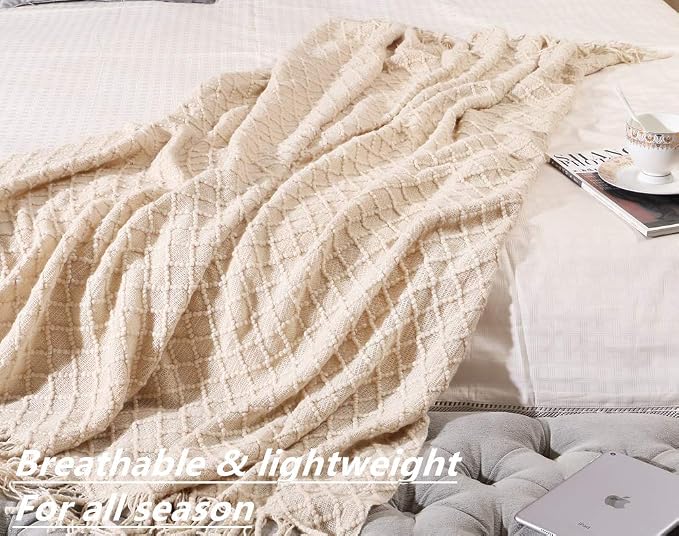 CREVENT Farmhouse Boho Knitted Throw Blanket for Couch Sofa Chair Bed Home Decoration, Soft Warm Cozy Light Weight for Spring Summer Fall (60''X80'' Beige)