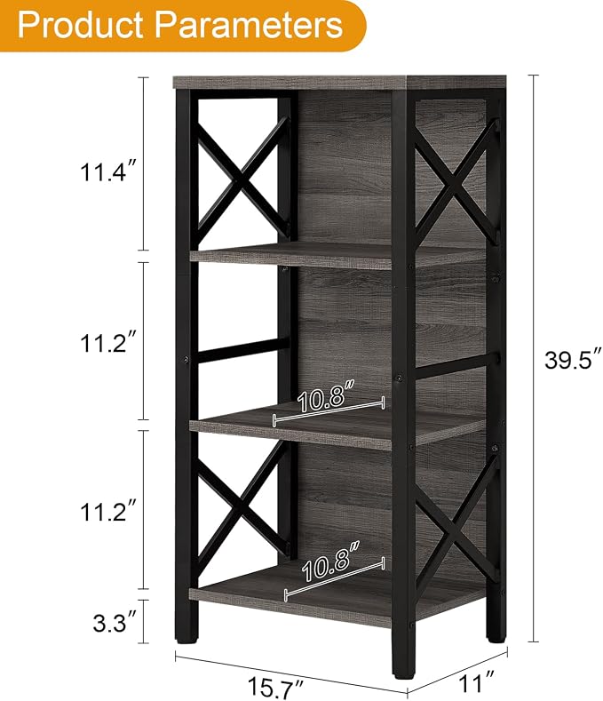 MNEETRUNG Small Bookshelf,4 Tier Industrial Bookcase with Metal Frame and Backboard,Narrow Rustic Gery Book Shelf,Book case for Small Spaces,Living Room,Bedroom and Home Office