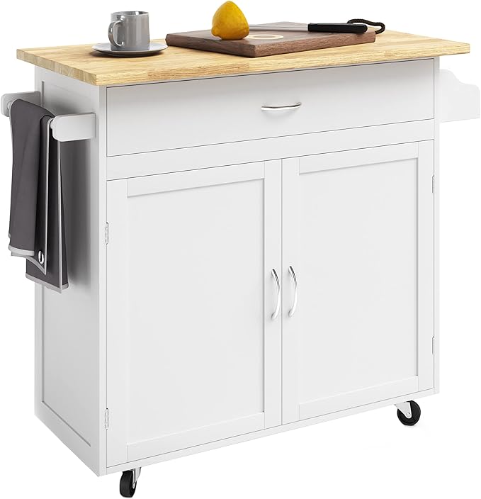 Lavish Home Kitchen Island Cart – Rolling Kitchen Table with Spice Rack, Towel Rack, Storage Drawers & Cabinet – Mobile Coffee Bar & Additional Counter Space (White)