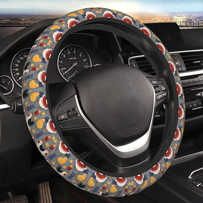 Red Chickens Grey Universal Fit Steering Wheel Cover for Car, Truck, and SUV, Durable Steering Wheel Protection