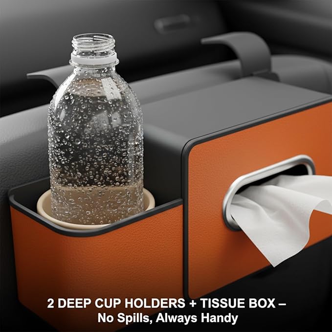 Car Organizers and Storage Box, 4 in 1 Multifunctional Car Organizer Back Seat with 2 Cup Holders & Tissue Box, Backseat Cars Organizer for Hold Phone, Snacks, Drinks, Handbag(Orange,1Pc)