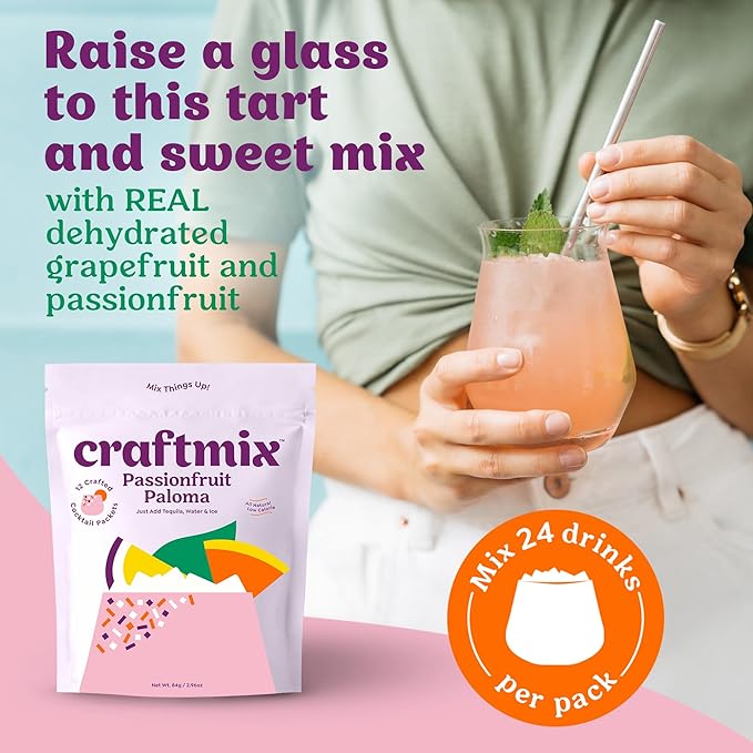 Craftmix Passionfruit Paloma Cocktail & Mocktail Drink Mixer, Skinny Mixes - Water Flavoring Packets - Made With Real Fruit - Vegan, No-Carb, No-Sugar, Non-GMO, Dairy Free, Gluten Free, 24 Pack