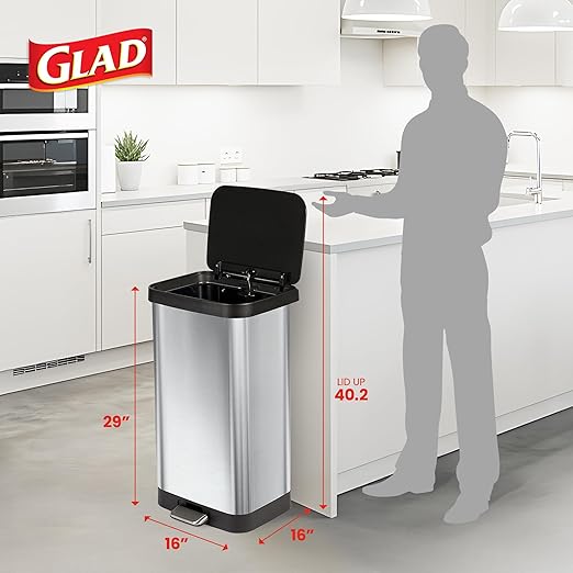 Glad Step Trash Can, Soft Close Lid Bin with Odor Protection, 20 Gal, Stainless