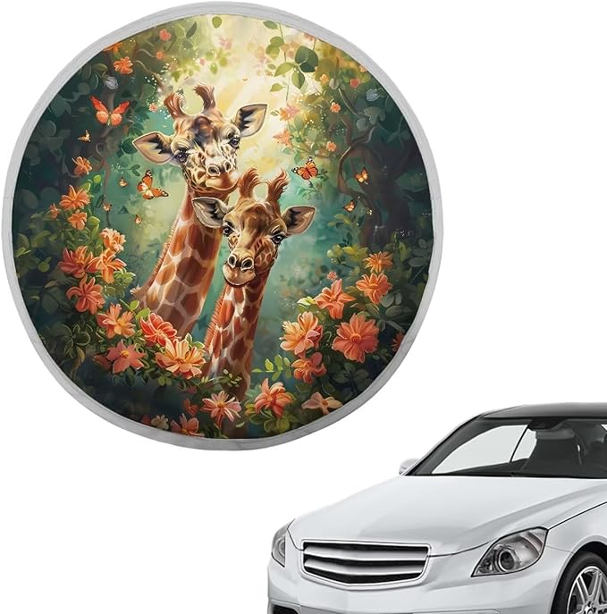 Steering Wheel Sun Shade Cover 17"x17" Car Steering Wheel Cover Vehicle Steering Wheel Protector Decorative Accessories for SUV Truck Car Van, Giraffe Peach Blossom Butterfly