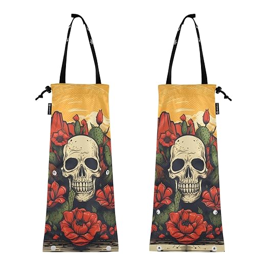 ALAZA Hanging Car Trash Bags Garbage Bag Trash Can for Back Seat Small Skull Cactus Washable Storage Bag Retractable 2 Pack
