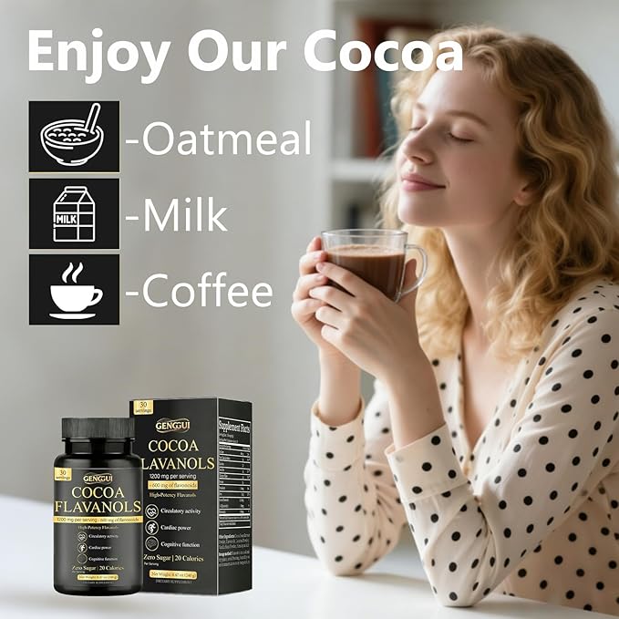 High Flavanol Cocoa Powder, 1200mg Flavanols per Serving, Natural Unsweetened Dutch Cocoa for Baking, Cooking & Beverages, Rich Dark Chocolate Flavor (01)