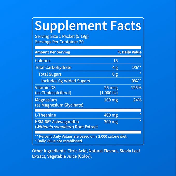 Nello Supercalm Powdered Drink Mix, Cortisol Reducer*, Sleep Aid Supplement, L Theanine, Ksm-66 Ashwagandha, Magnesium Glycinate, Vitamin D 3, No Sugar, Non GMO, 20 Ct, BlackBerry Lemonade