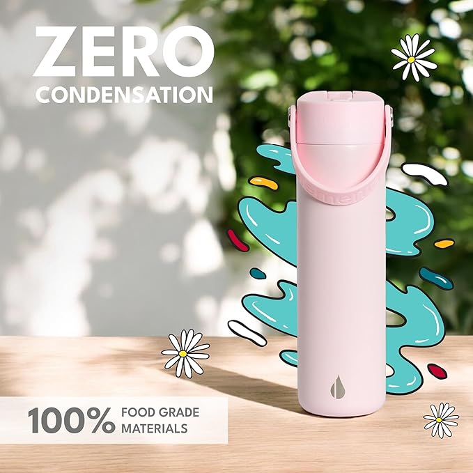 Elemental 24oz Insulated Water Bottle with Straw - 100% Leak-Proof Stainless Steel Core Water Bottles for Travel, Sports and Gym - Double Wall Insulation & BPA Free - Blush Pink