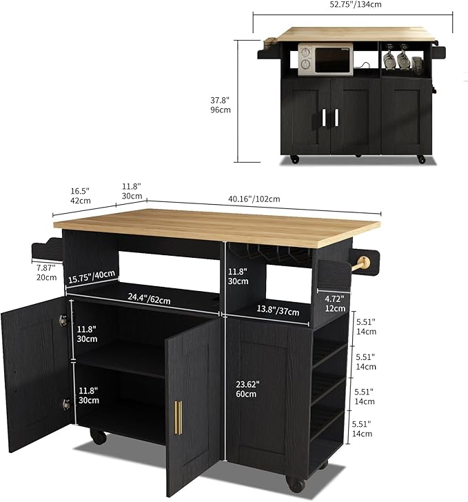 Rolling Mobile Kitchen Island with Storage and Drop Leaf, Island Table with Countertop Power Socket and Wheel (Black, Model 1)