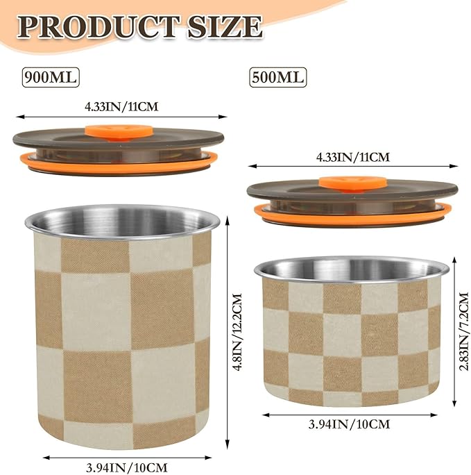 Checkered Beige Coffee Canister 17oz Stainless Steel Airtight Food Storage Container with Lid for Beans/Cereal Preserval