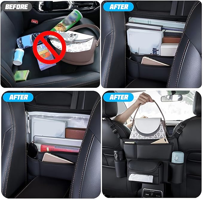 Car Handbag Holder Between Seats, Leather Large Capacity Vehicle Front Seat Storage Bag with Tissue Holder, Multi-Pocket Automotive Console Organizer, Universal for SUV RV Truck (Style1)