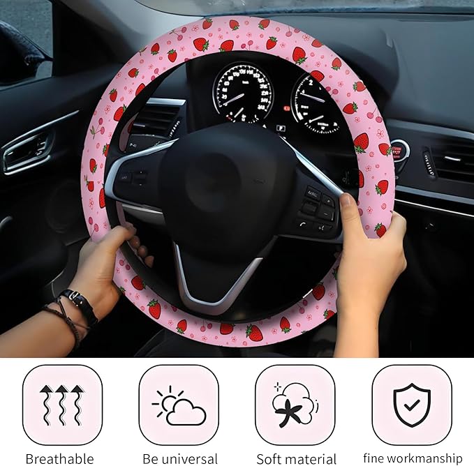 Car Steering Wheel Cover, Universal 15 Inch Neoprene Non-Slip Steering Wheel Covers, Funny Car Accessories for Women Men Fit Auto, Suvs, Truck Cute Pink Cherry Strawberry