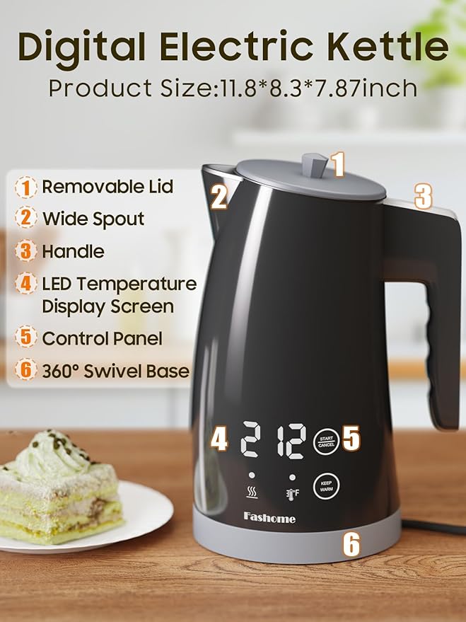 Electric Kettle with Temperature Control, 5 Preset Temps, 2H Keep Warm -1200W Quiet Water Boiler,Electric Tea Kettle with BPA-Free, Digital Cool-Touch, Rotating Base for Home,Office, Kids(Gray)