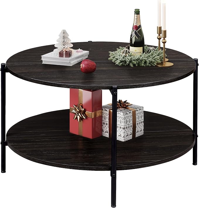 WLIVE Round Coffee Table for Living Room, 32.6" Small Coffee Table with Open Storage Shelf, 2-Tier Industrial Circle Wood Center Table for Bedroom, Home Office, Charcoal Black