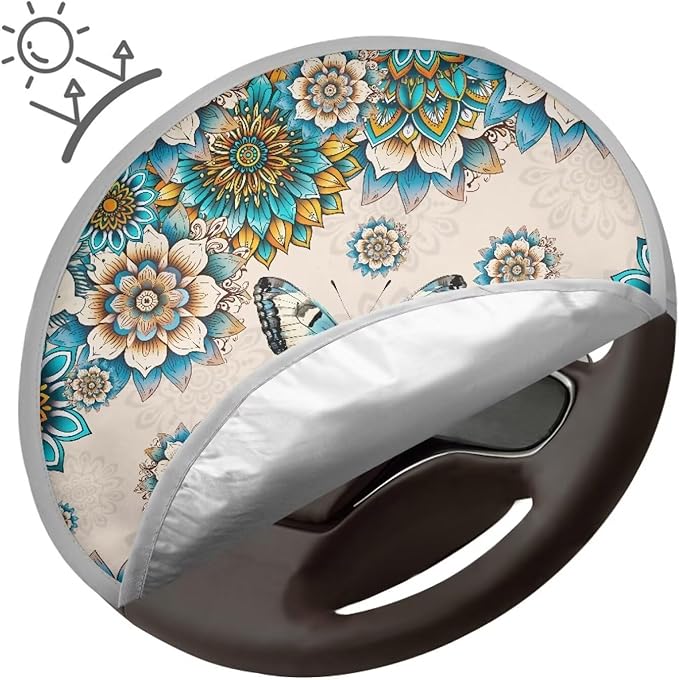 Washable Steering Wheel Sunshade Cover Bohemian Flower Butterfly Pattern Cooling Steering Wheel Sun Block 17"x17" Steering Wheel Covers Universal Fit Truck Van Car SUV