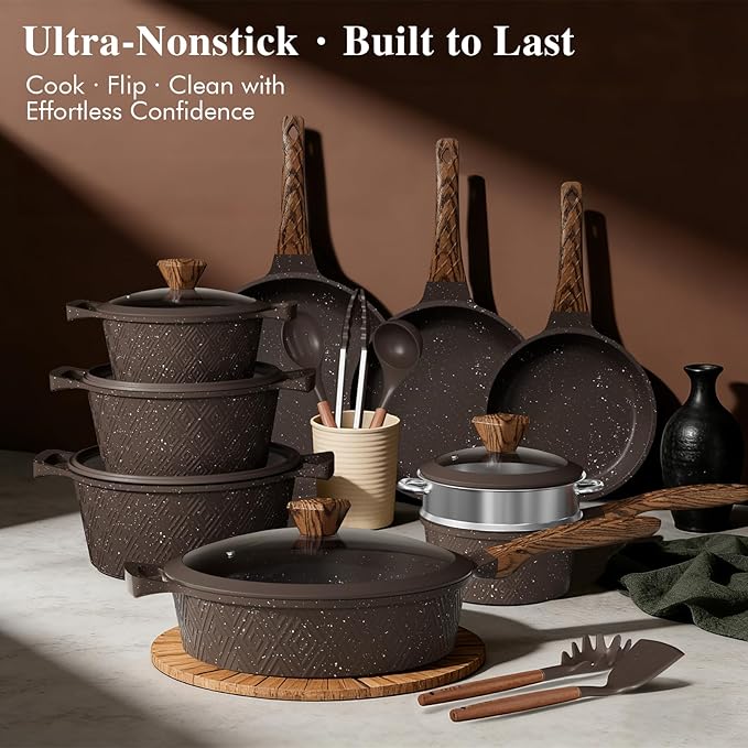 Umite Chef 26PCS Pots and Pans Set Non Stick, Nonstick Cookware Sets, Induction Cook Ware, Includes Steamer & Silicone Utensils, Housewarming Gift, Kitchen Cooking Sets w/Frying pan (PFOS, PFOA Free)