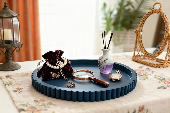 Handmade 12in Decorative Tray for Coffee Table Tray Decor, Blue Wooden Decorative Round Tray for Kitchen, Living Room, Home Decor