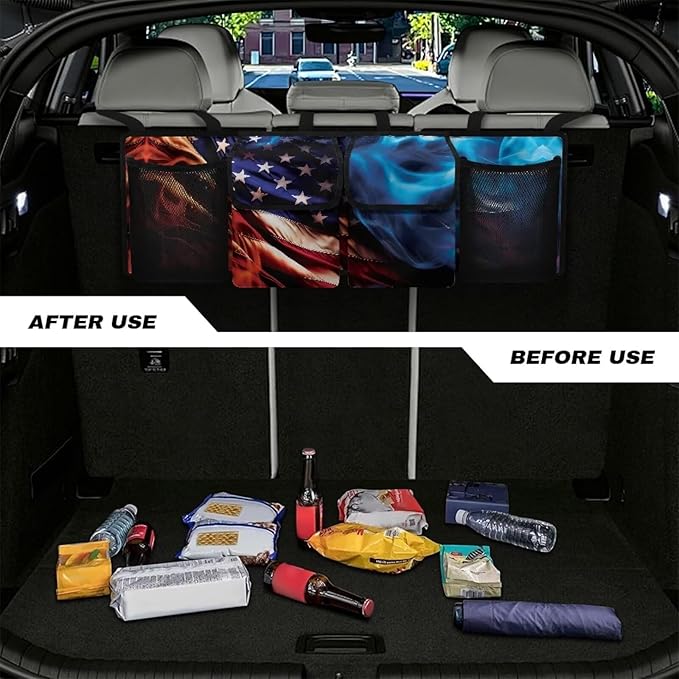 American Flag Fire Car Trunk Organizer and Storage, Backseat Hanging Organizer with 4 Waterproof Storage Bag with Adjustable Straps - Car Interior Accessories for SUV, Truck, Van, Cargo