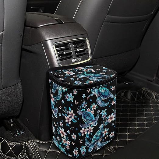 Sea Turtle Car Trash Bags Hanging Automotive Car Garbage Cans for Front Seat Tropical Flower Multipurpose Car Garbage Bin with Adjustable Straps Reusable Auto Trash Bin Garbage Bags