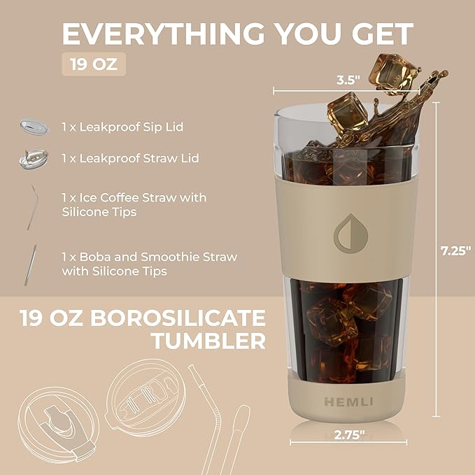 19 oz. Clear Double Wall Glass Coffee Tumbler, To Go Glass Travel Mug with Lid and Straw, Reusable Cup Tea, Smoothies, Ice Coffee, and Boba (White Biege)