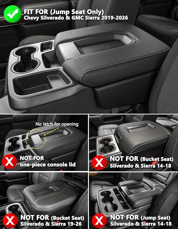 KBH Center Console Armrest Cover Replacement for Chevy Silverado & GMC Sierra 2020 2021 2022 2023 2024 2025 2026, Jump Seat, Arm Rest Lid Upholstery, Vinyl Leather, Anti-Scratch, Black