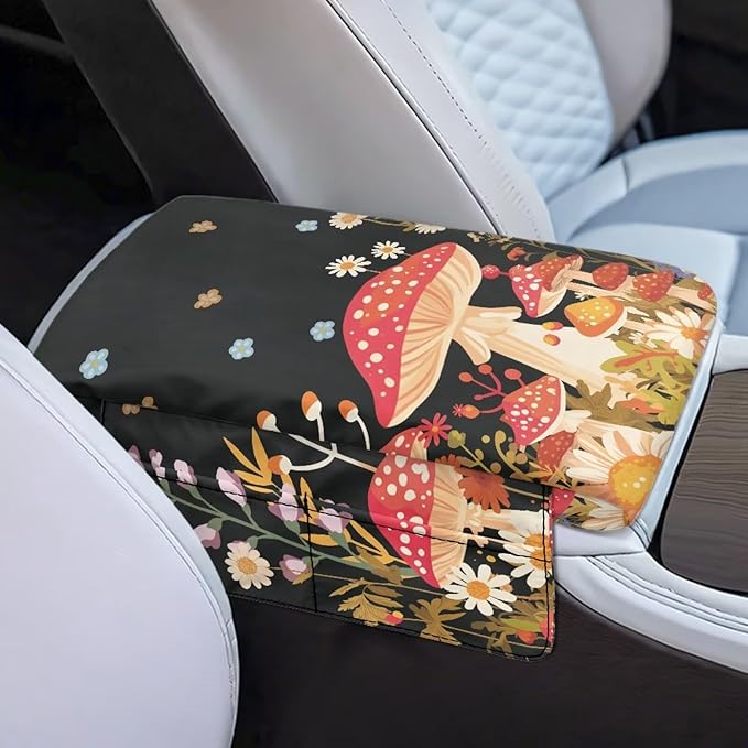Dreaweet Center Console Cover Mushroom Cute Car Accessories for Women,Car Console Covers with Pockets,Universal Armrest Cover Soft Comfy Arm Rest Pad for Most Cars SUV Sedan