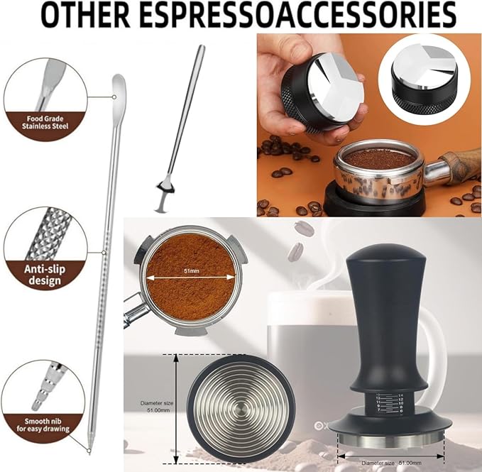 54mm Espresso Accessories 10 PCS - WDT Tool Kit， Coffee Tamper with Wood Espresso Tamping Station， Frothing Pitcher, Distributor, Stirrer, Dosing Funnel, Brush, Puck Screen， Latte Art Pen